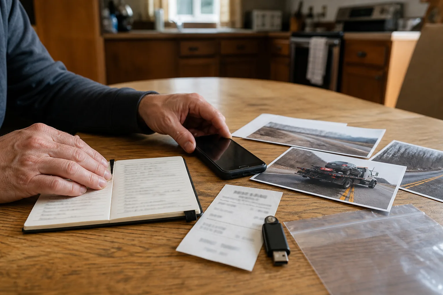 Driver organizing crash photographs notes and insurance records