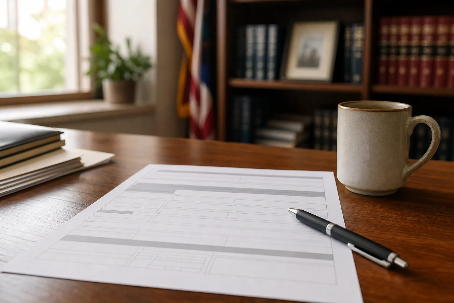 A blank state form and pen on a desk, representing filing a Request for Assistance