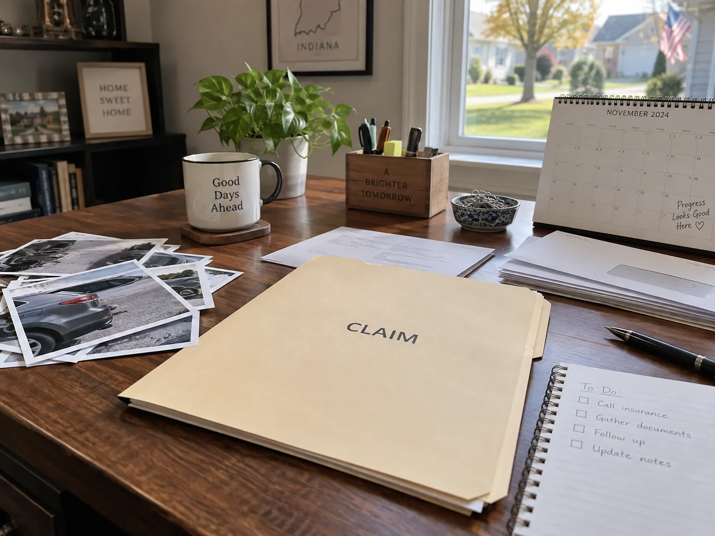Organized claim timeline, correspondence, and evidence on an Indiana home-office desk