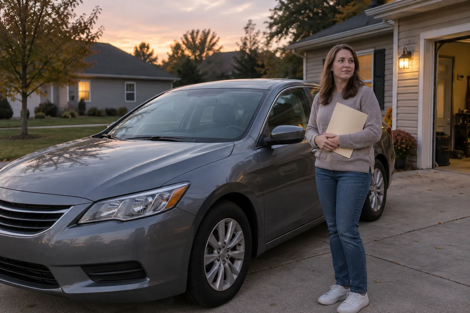 Indiana driver holding an insurance folder beside a parked car