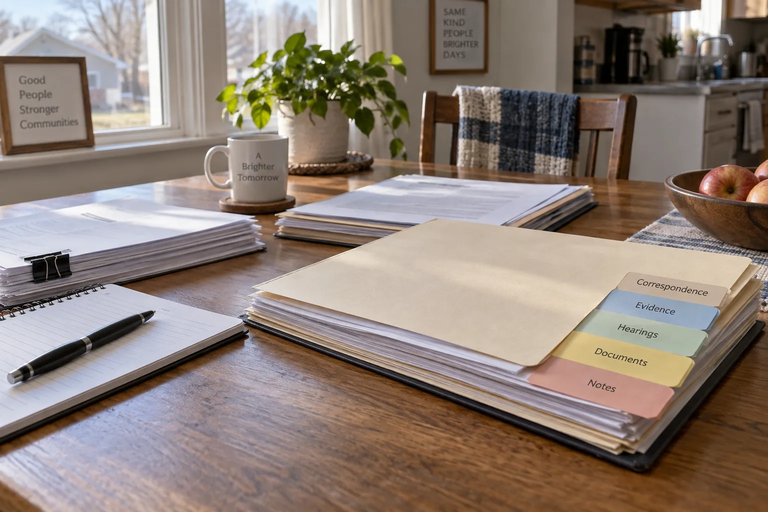An organized workers' compensation hearing file on a table
