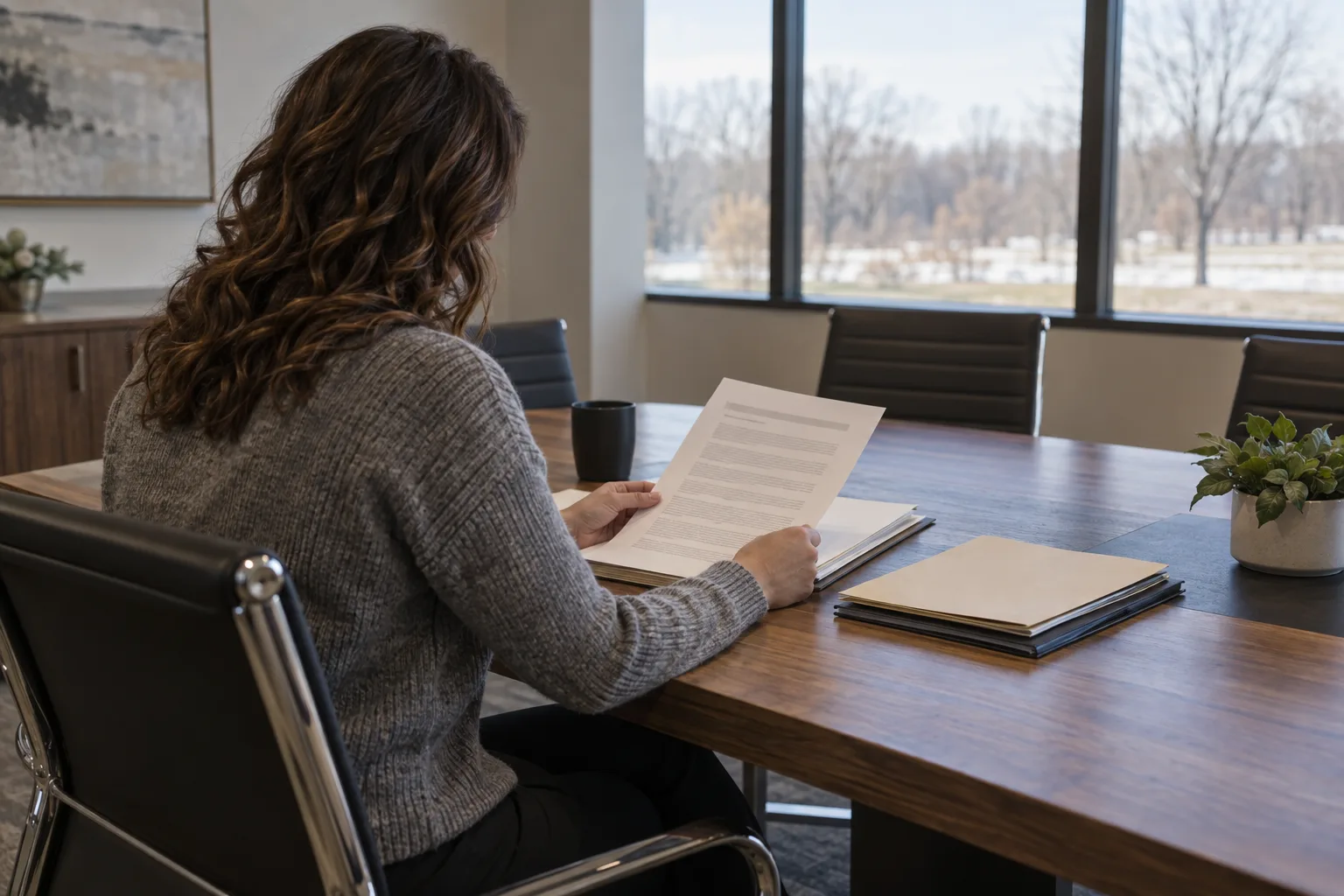 A worker reviewing documents before an Indiana workers' compensation hearing