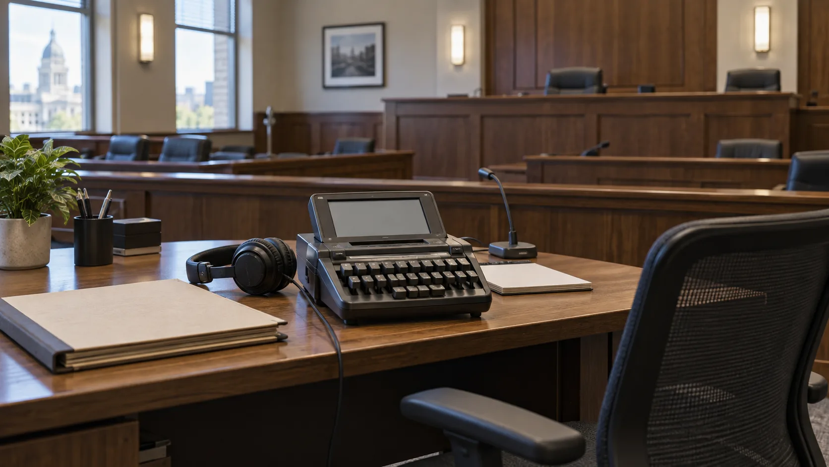 A court reporter's workspace prepared for an Indiana hearing transcript