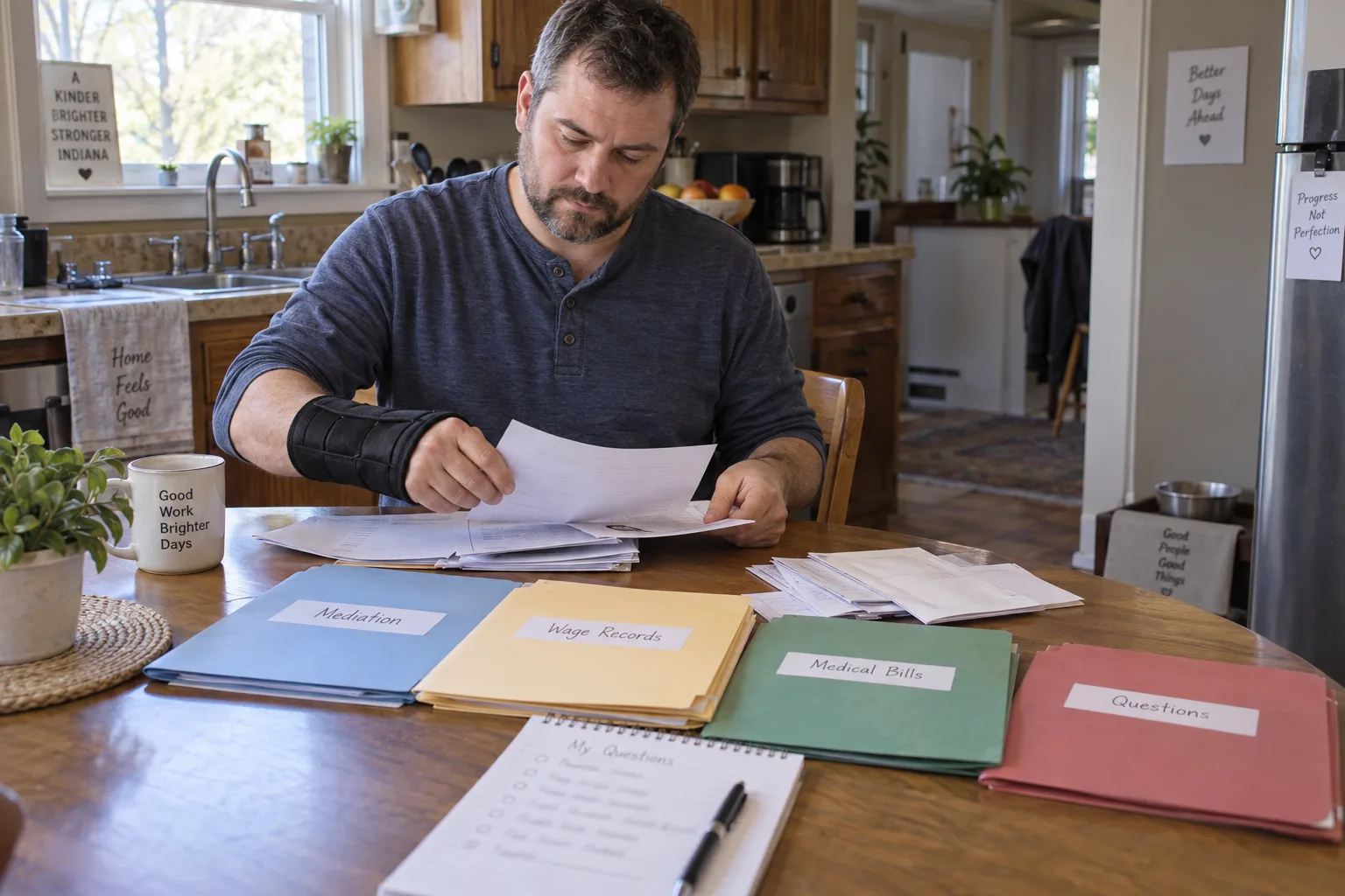Injured Indiana worker organizing records and questions before mediation