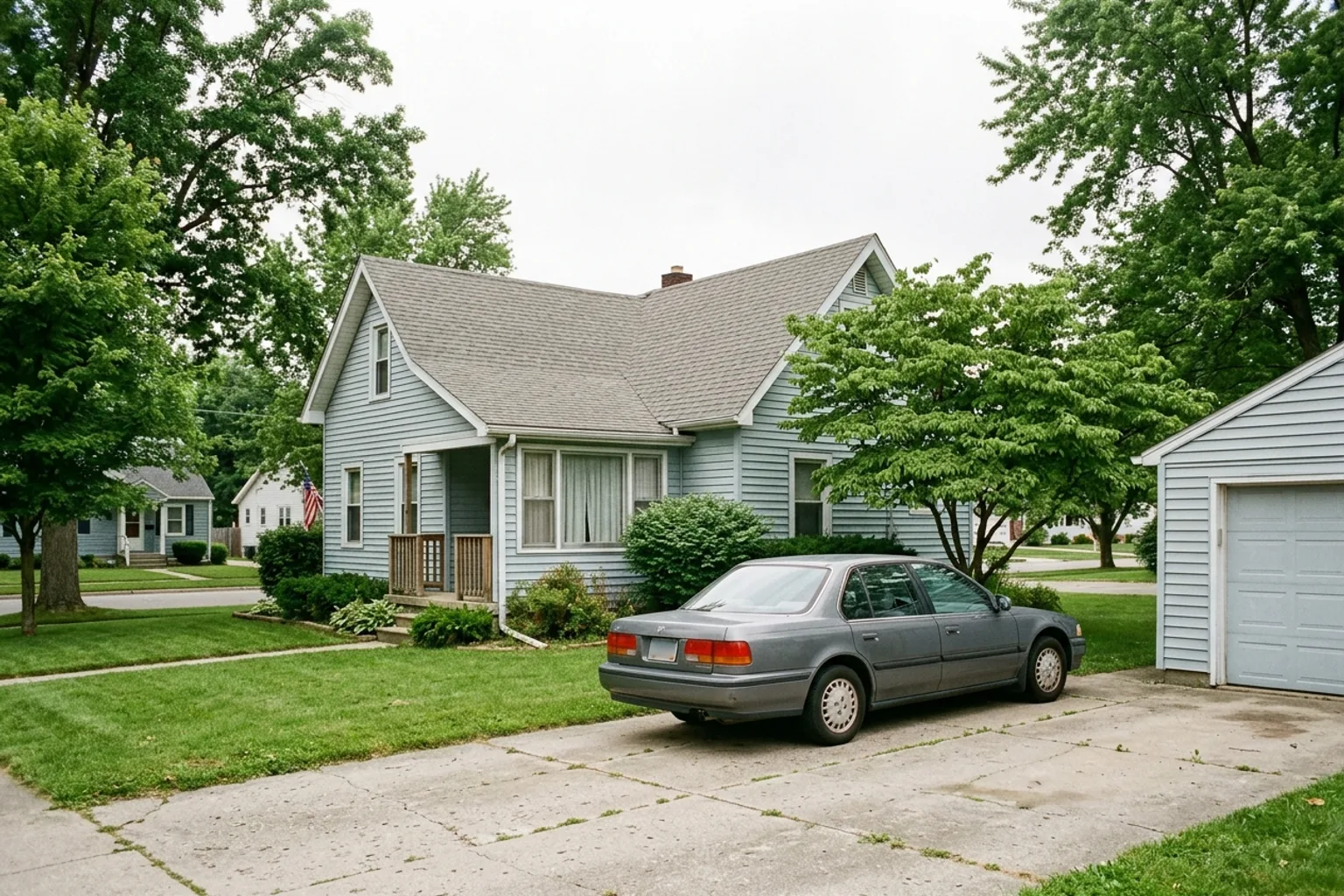 Sedan parked beside a house, illustrating a household auto insurance policy