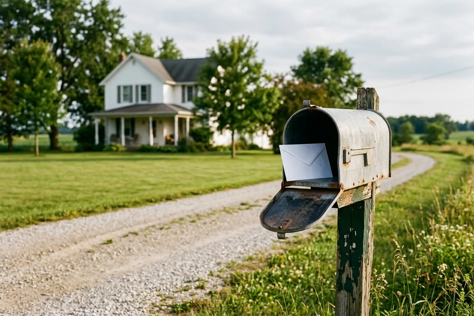 Mailbox with an arriving envelope, representing Indiana auto policy renewal packets that carry a UM/UIM rejection forward year after year