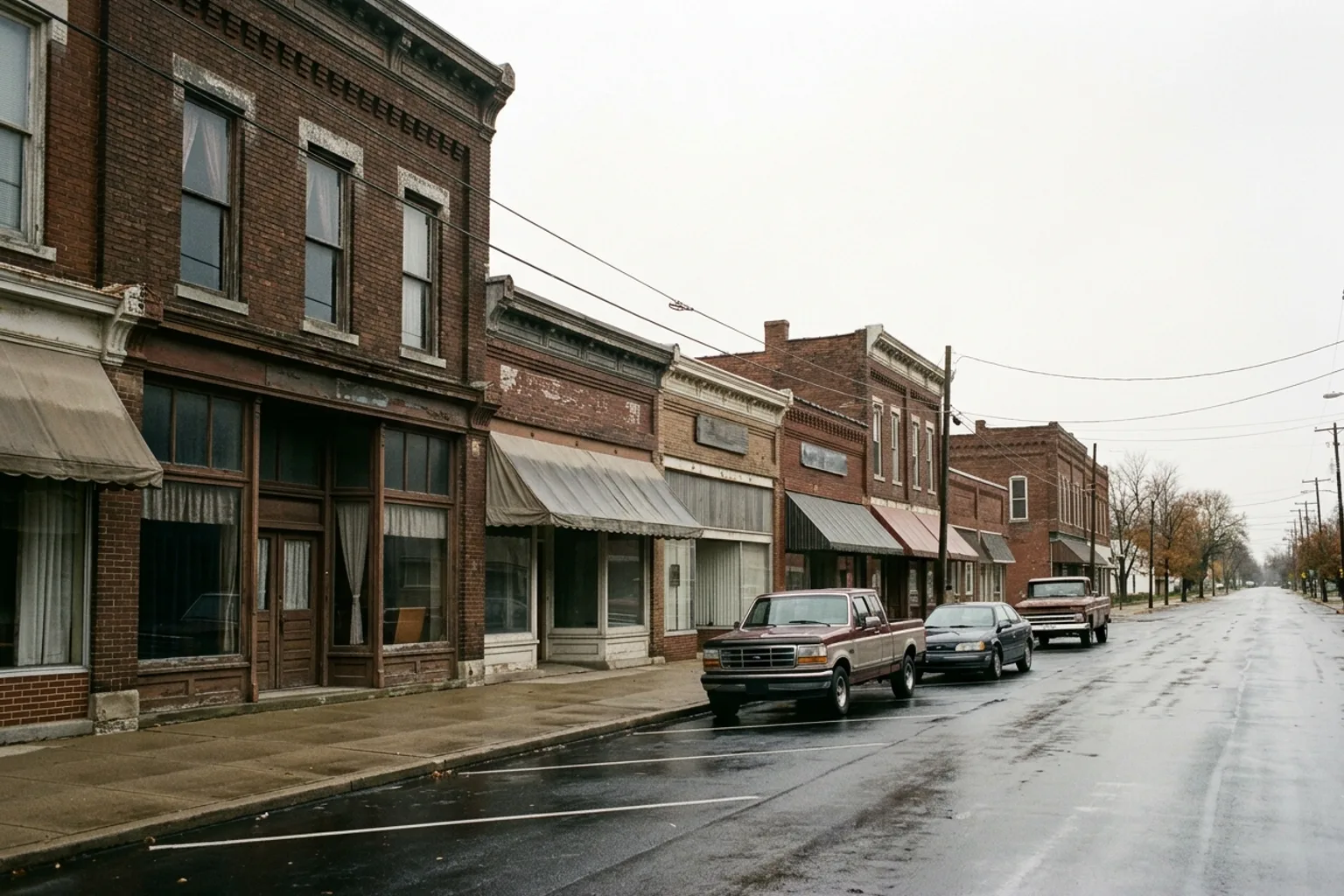 Cars parked along a small-town street with brick storefronts
