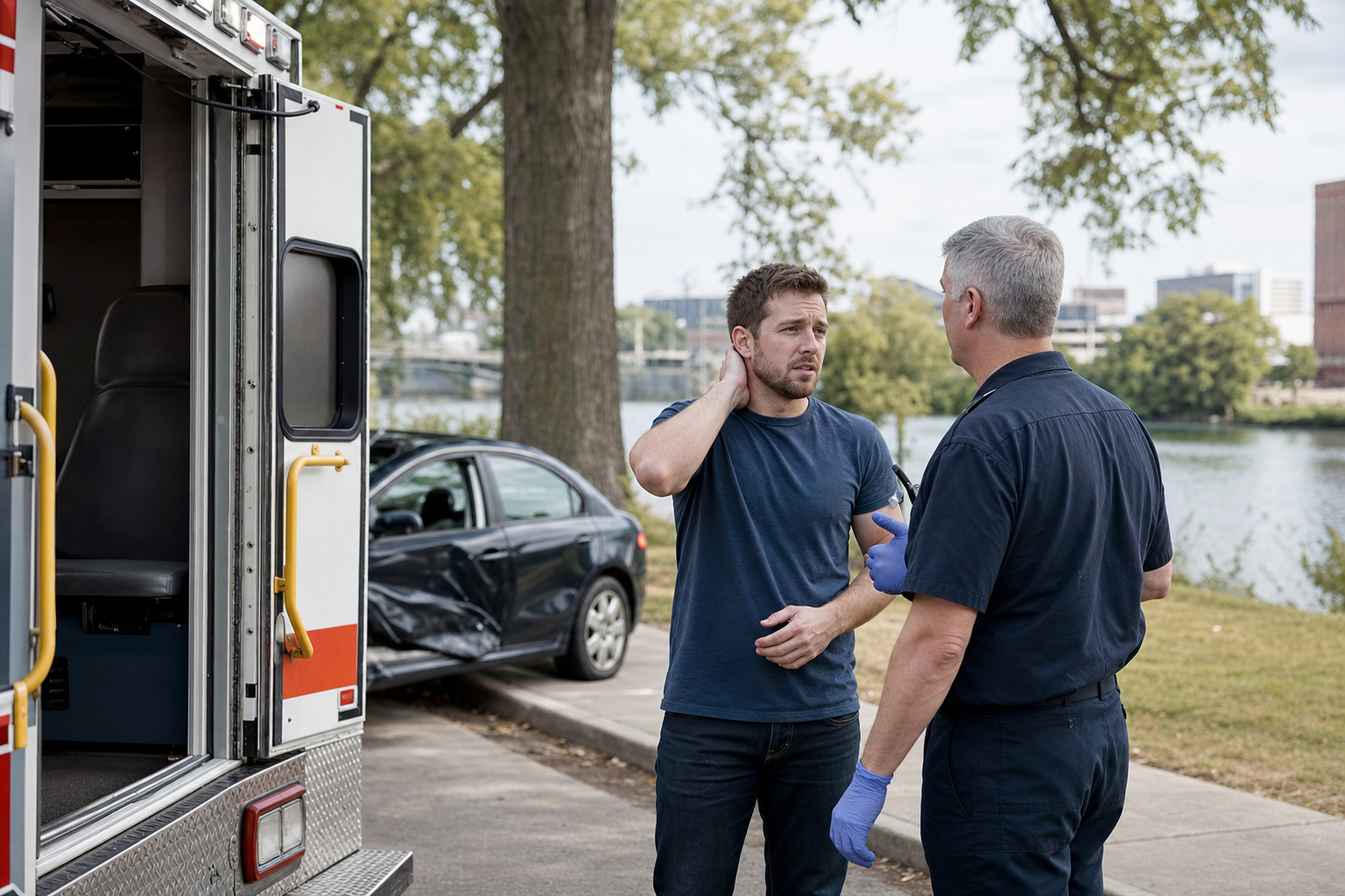 Emergency responders assisting a Fort Wayne car accident victim after a serious crash