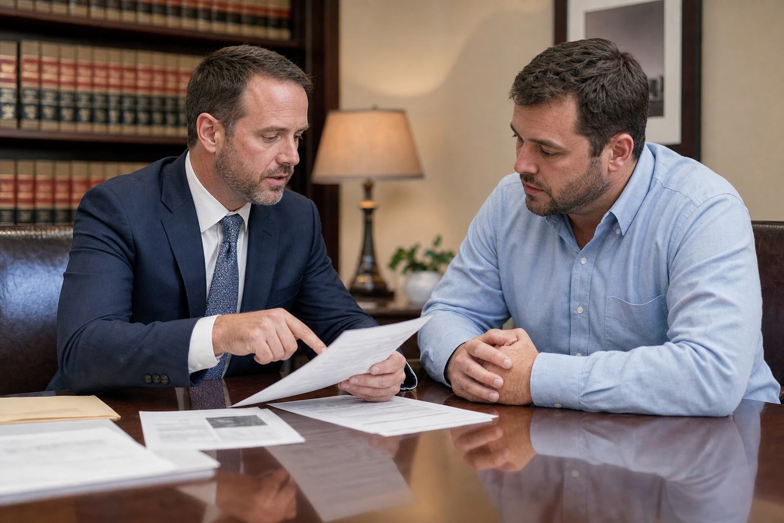 Attorney and client reviewing crash report and medical bills after a severe Indiana injury