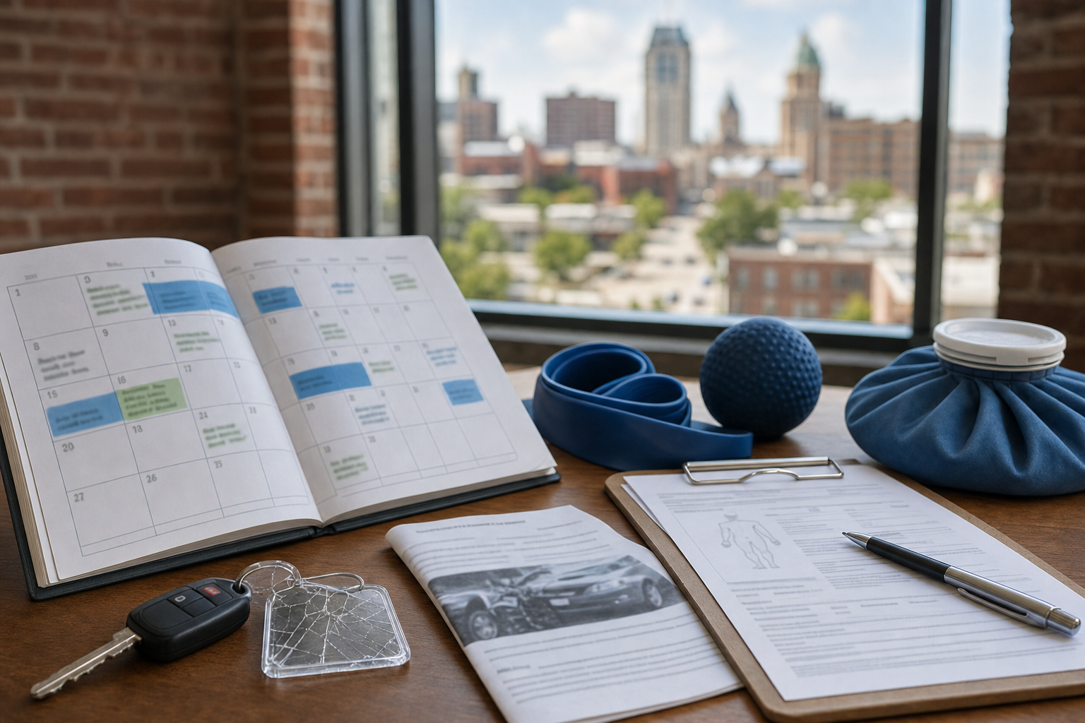 Medical appointment calendar and therapy equipment after an Indiana car accident injury