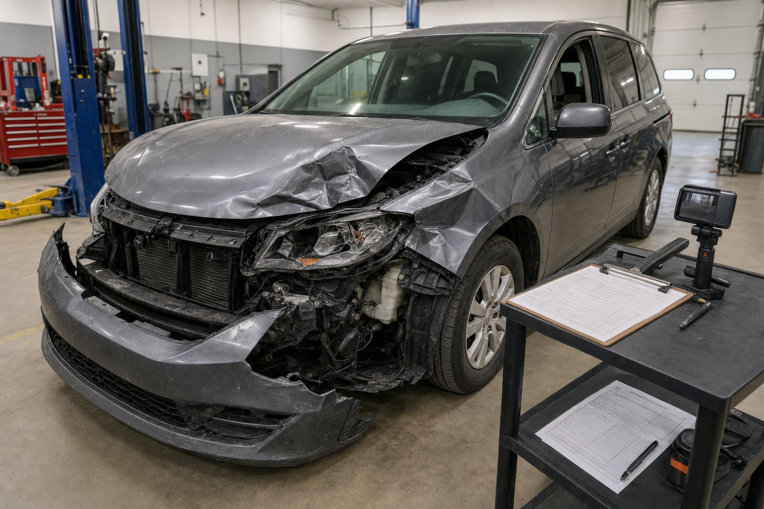 Fort Wayne body shop documenting serious car crash damage for an injury claim