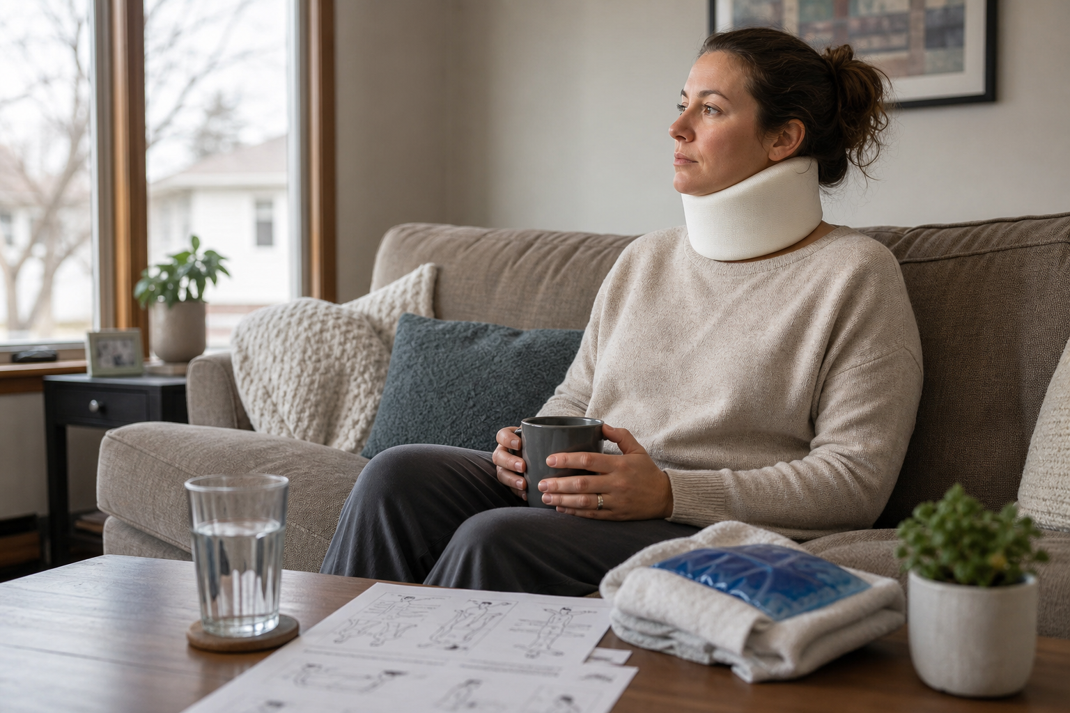 Fort Wayne car accident victim resting at home with neck brace and recovery materials