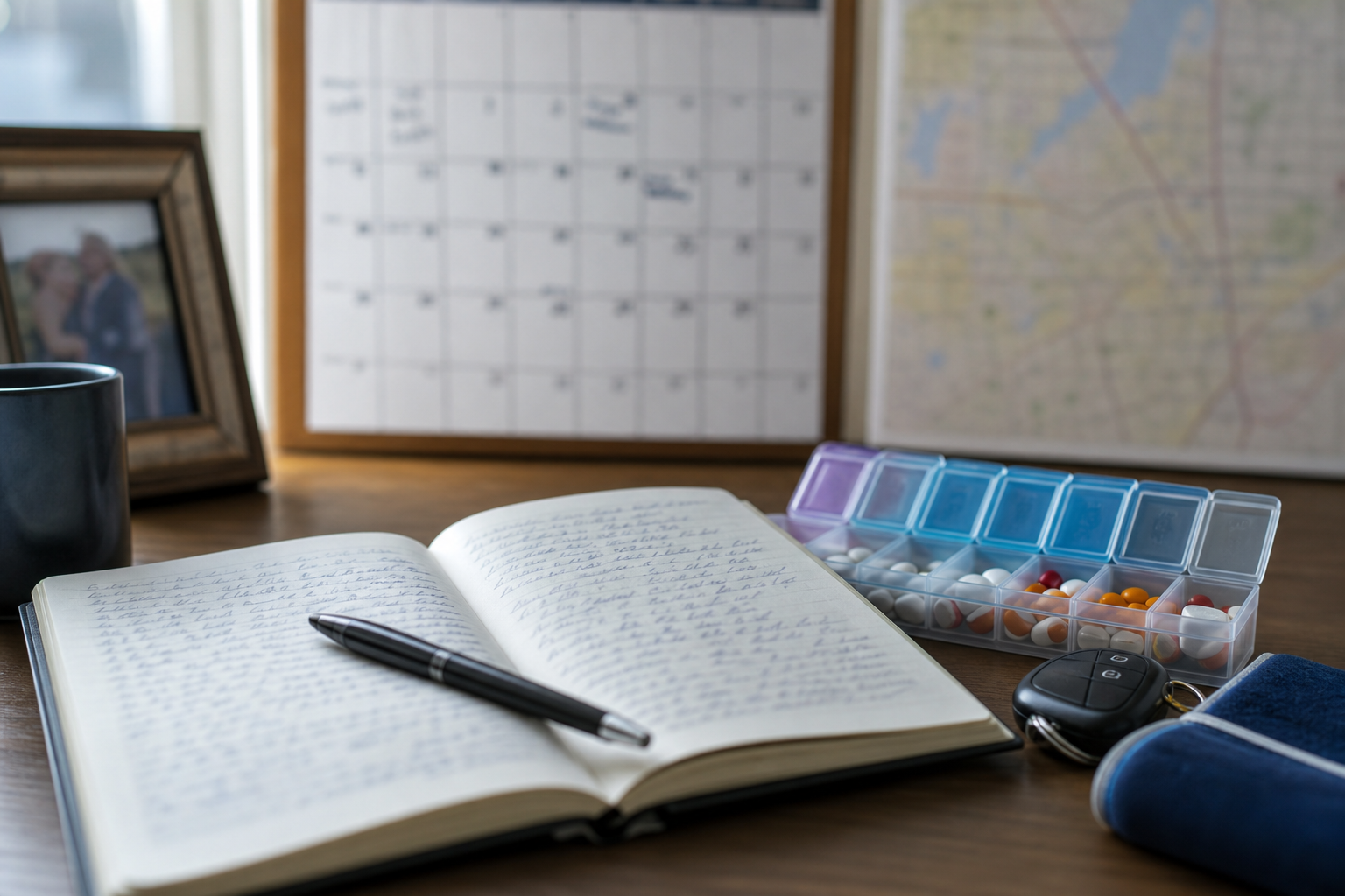 Pain journal and medication organizer documenting daily symptoms after an Indiana car accident