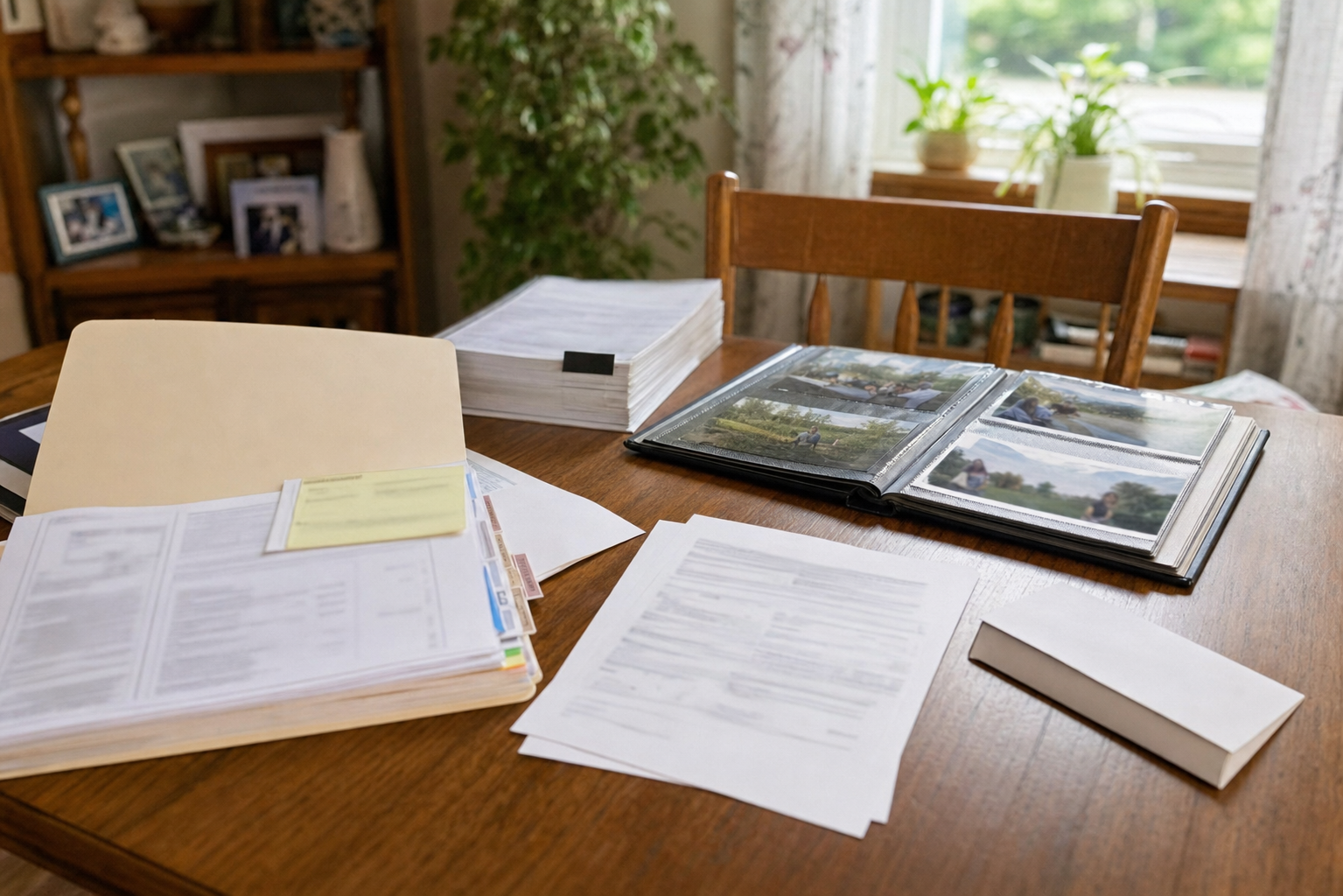 Insurance claim file and family activity photos showing life disruption after an Indiana car accident