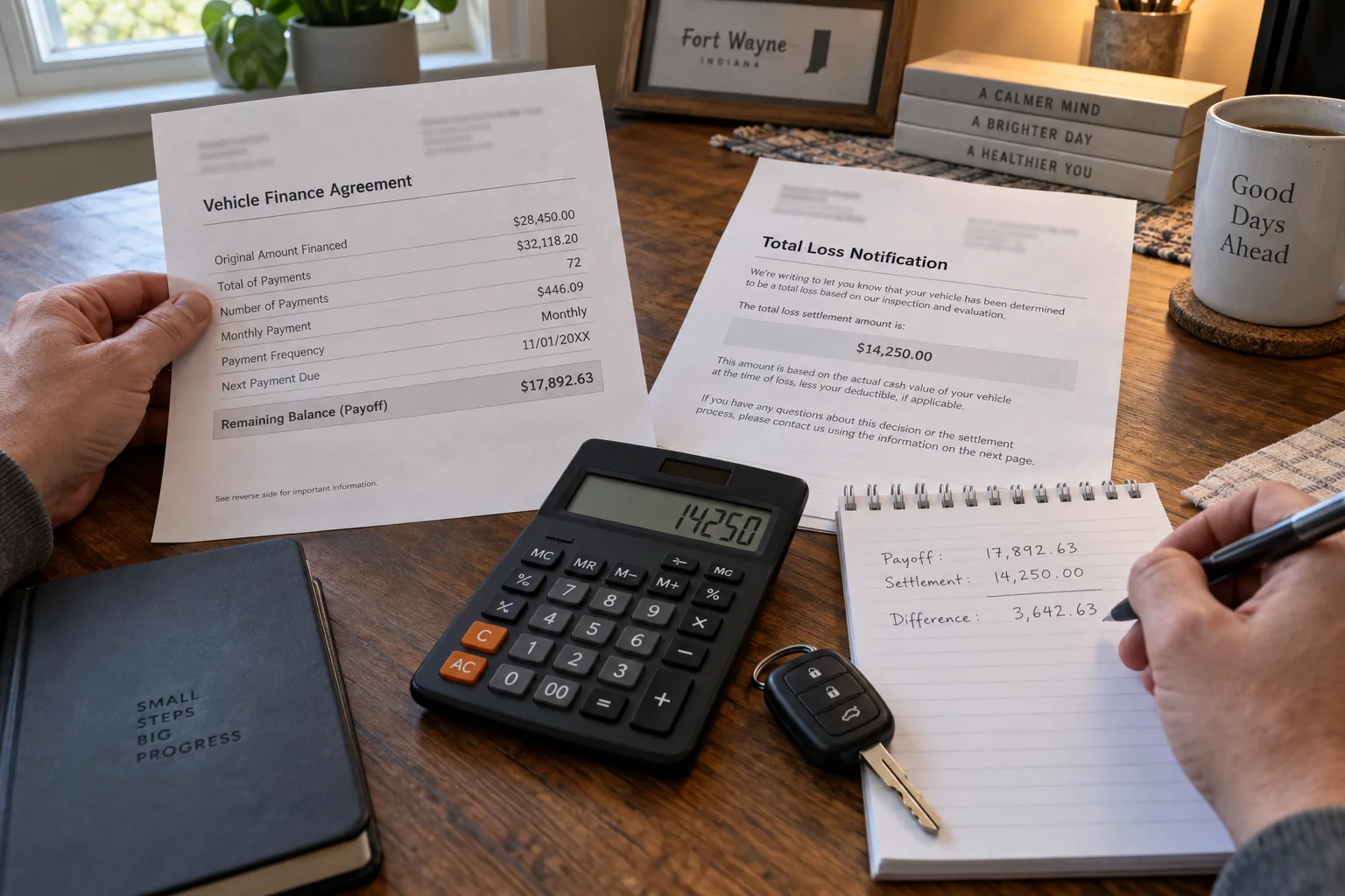 Vehicle loan and total-loss documents being reviewed with a calculator