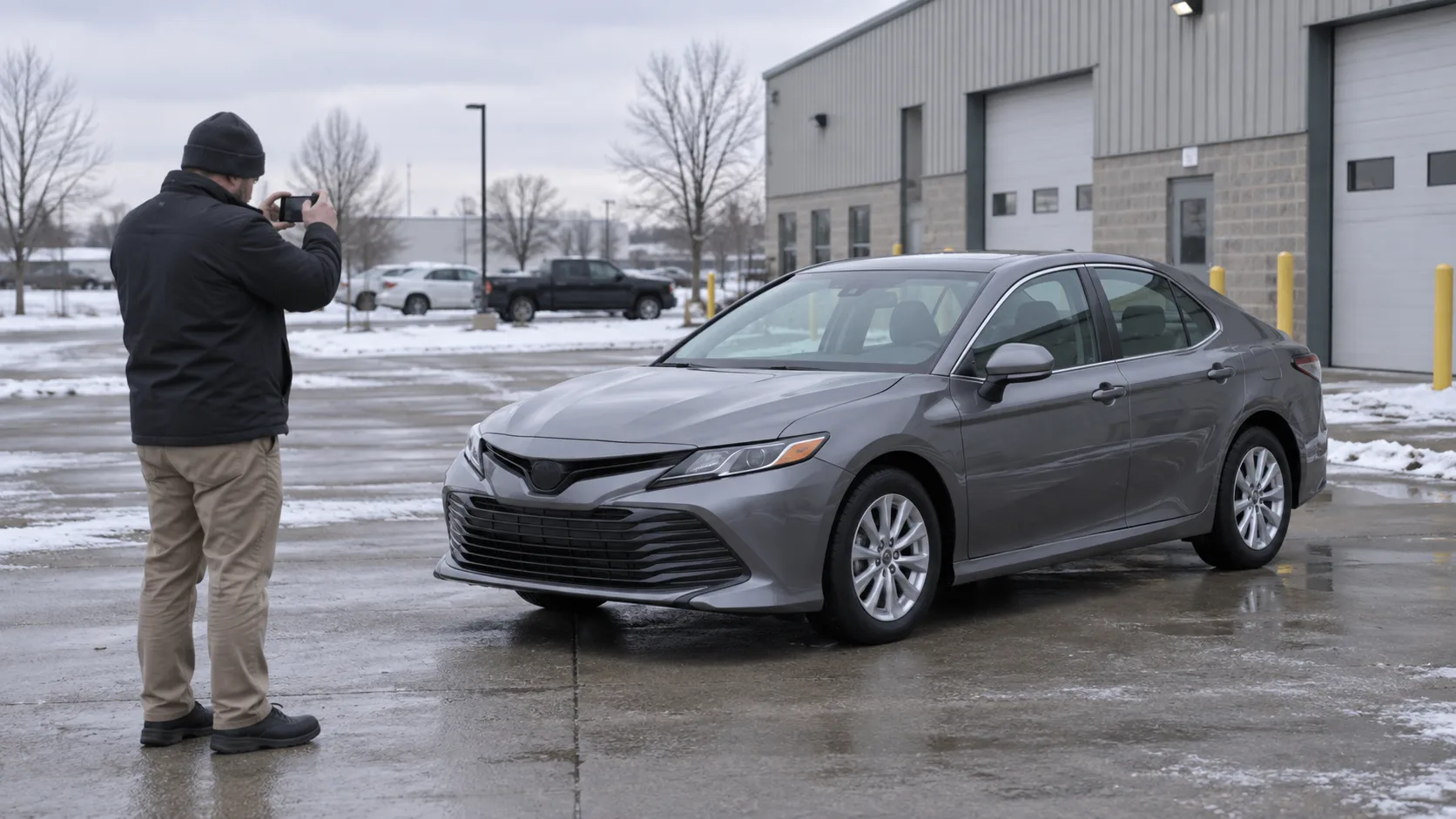 Insurance appraiser documenting a vehicle during a value review
