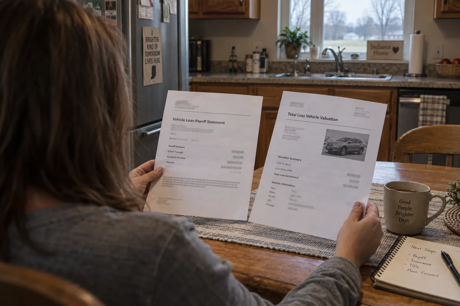 Vehicle owner comparing a loan payoff statement with a total-loss valuation