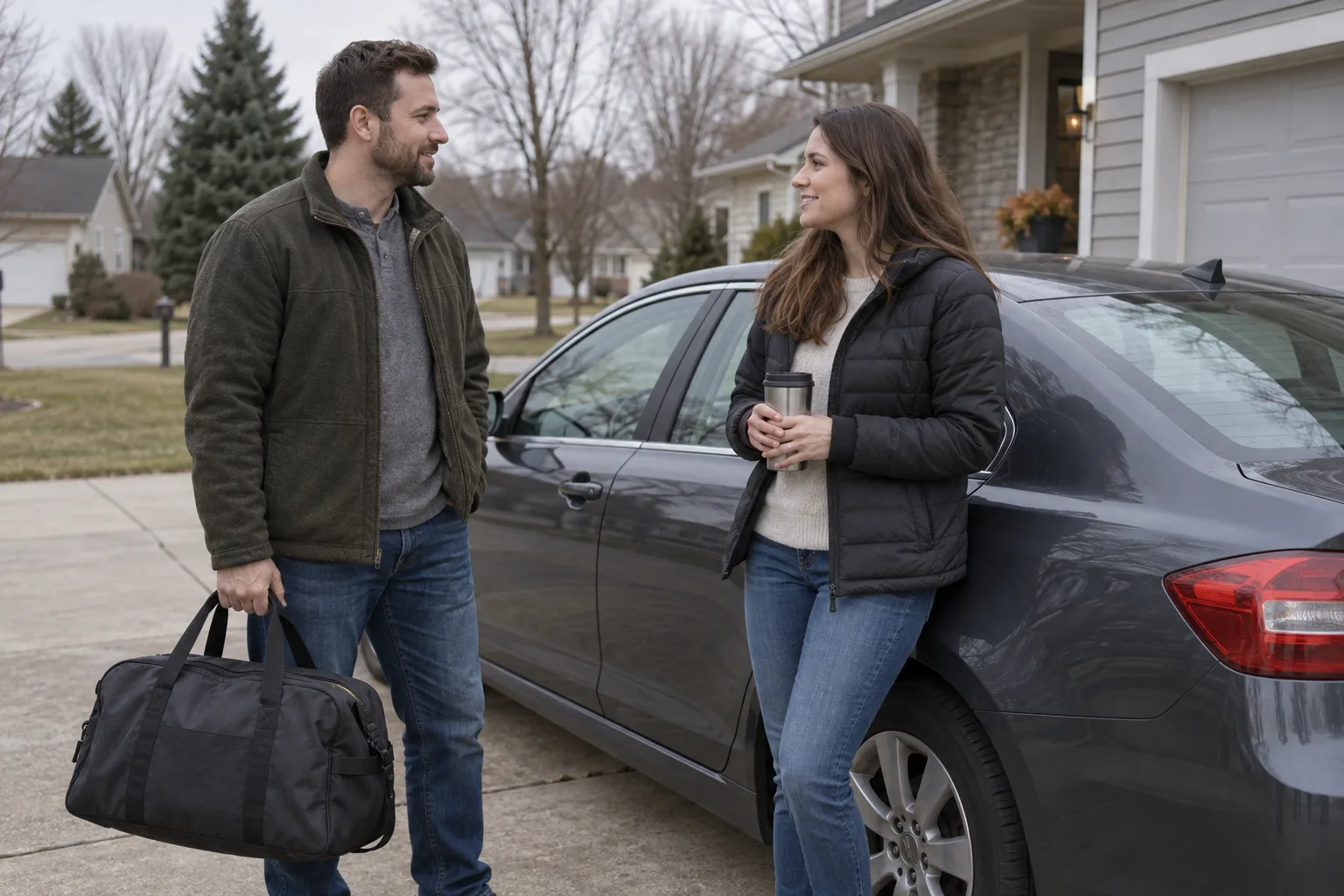 Two people talking beside a parked car before a trip