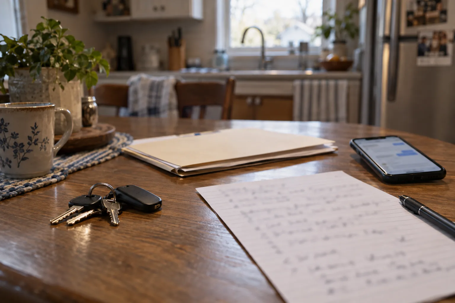 Car keys, vehicle papers, a phone, and a timeline arranged on a table