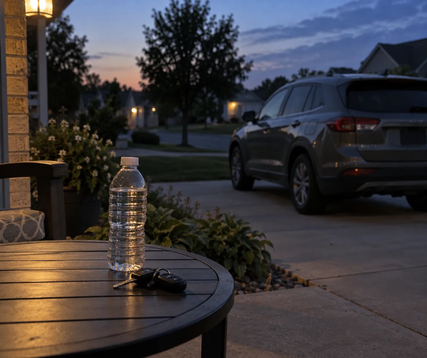 Car keys left on a porch table beside a parked vehicle