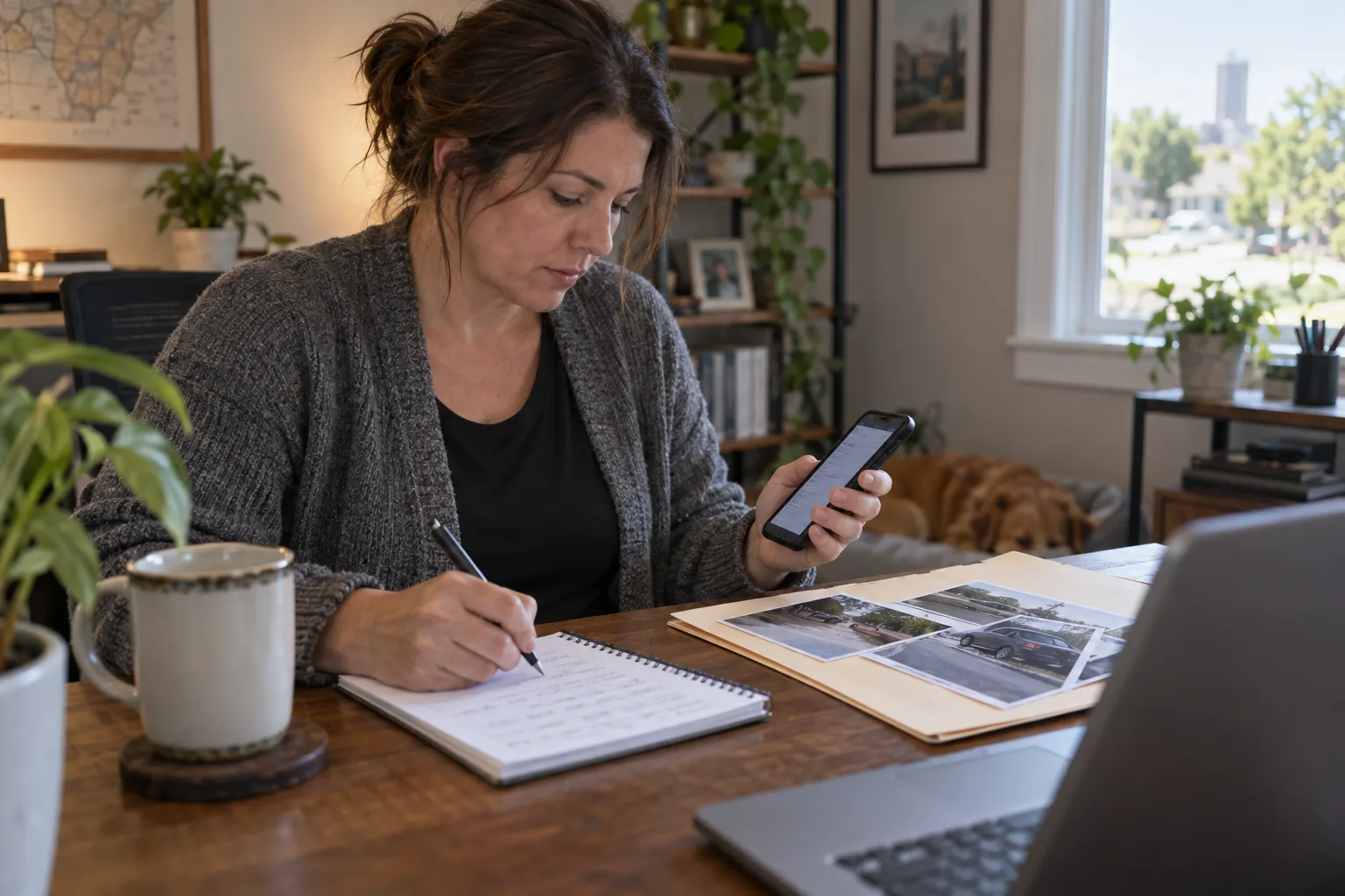 Person organizing messages, witness details, and crash photographs