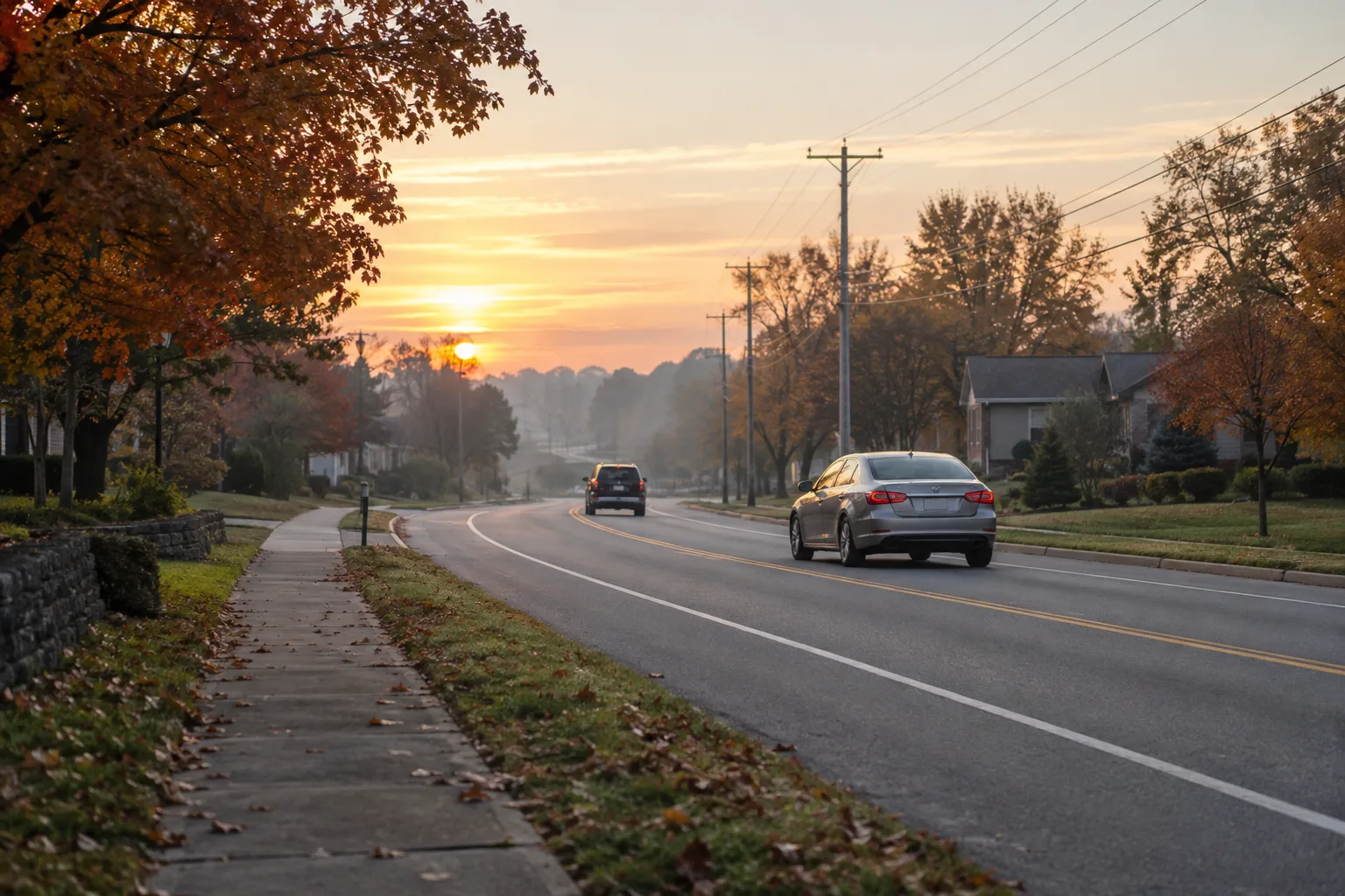 Vehicles traveling on a northeast Indiana suburban road