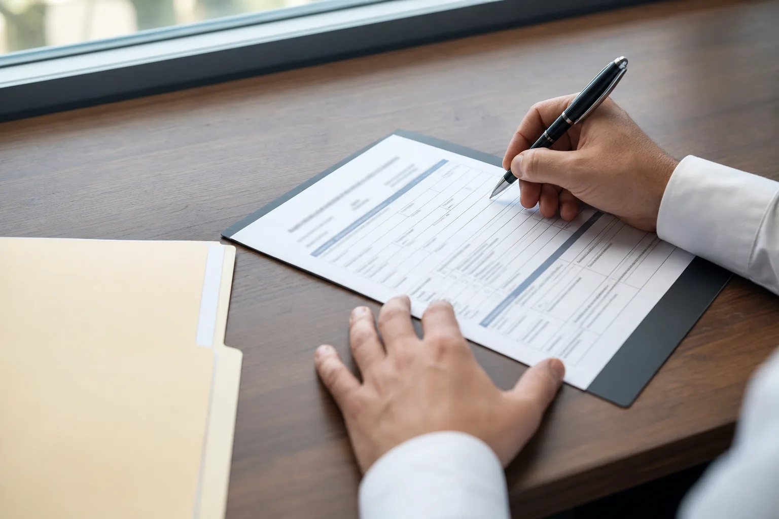 Hands completing an Indiana workers' compensation claim form at a desk