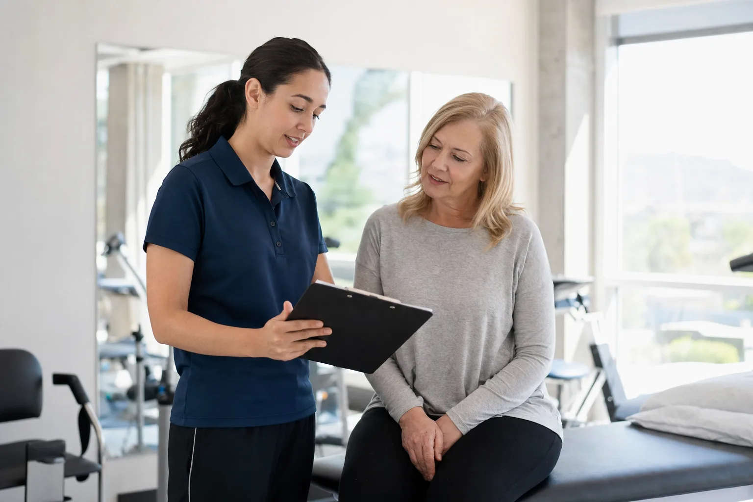 Rehabilitation clinician reviewing recovery notes with a patient