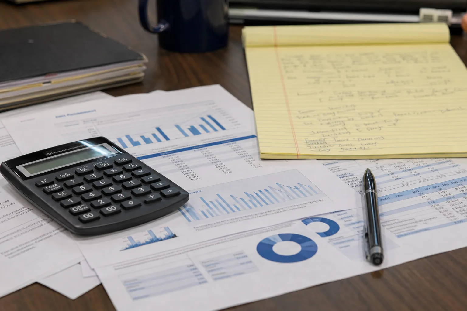 Desk with calculator and documents representing workers' comp benefit calculations