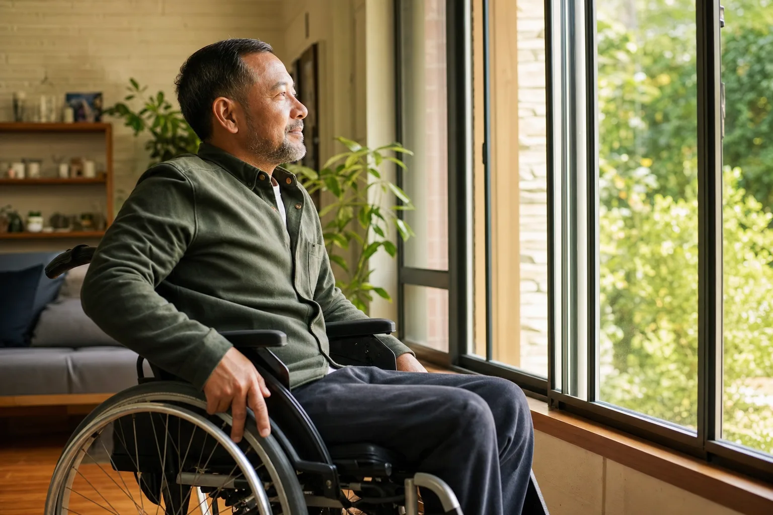 Person with a permanent disability at home by a window in a calm, dignified setting