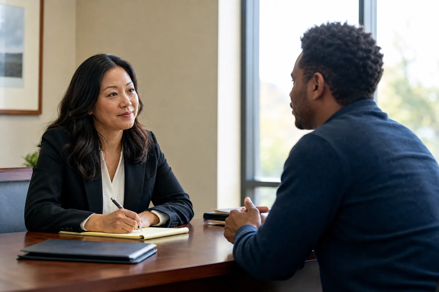 Attorney meeting with an injured worker to discuss a workers' compensation claim
