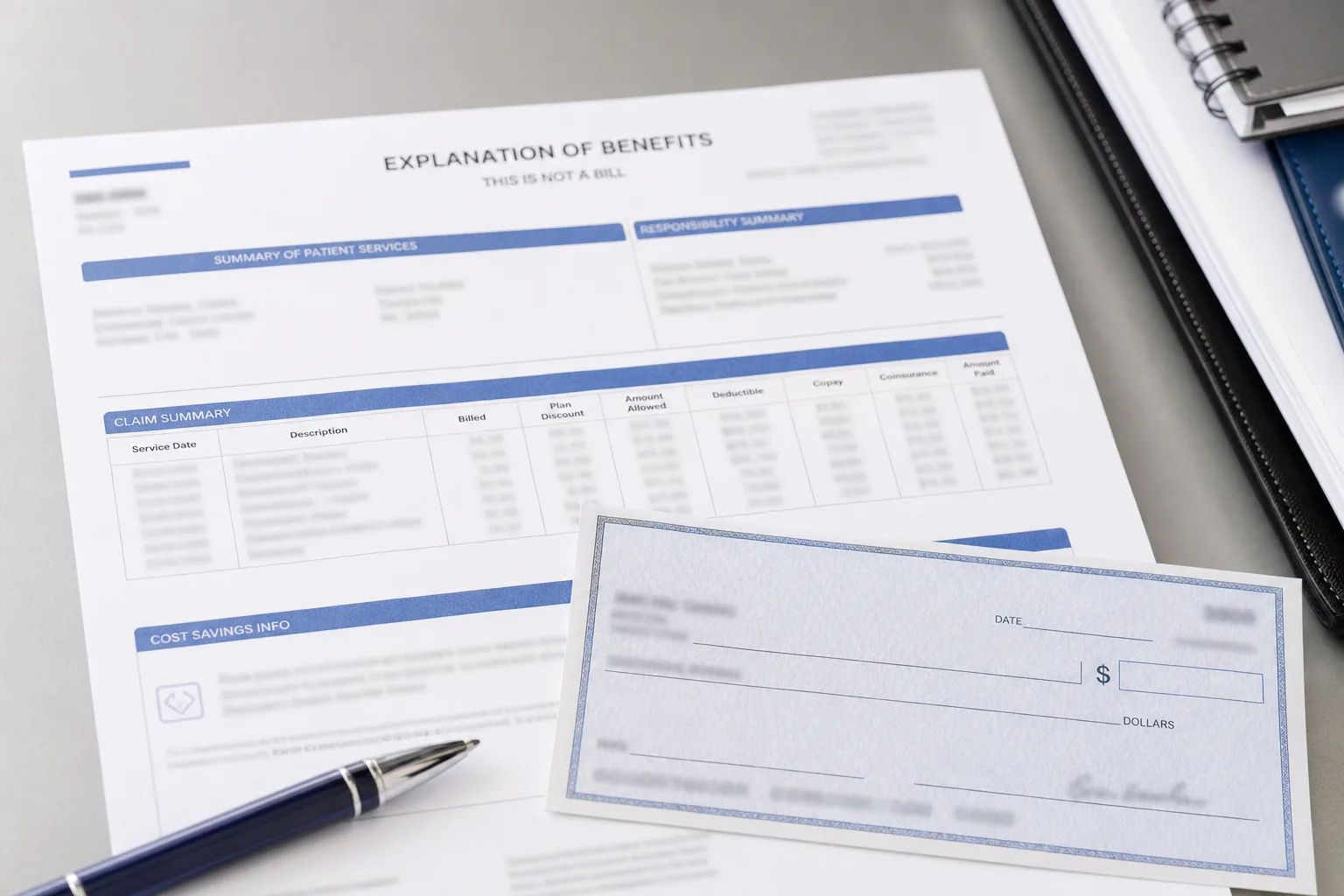 A person reviewing generic health plan and medical documents with a calculator