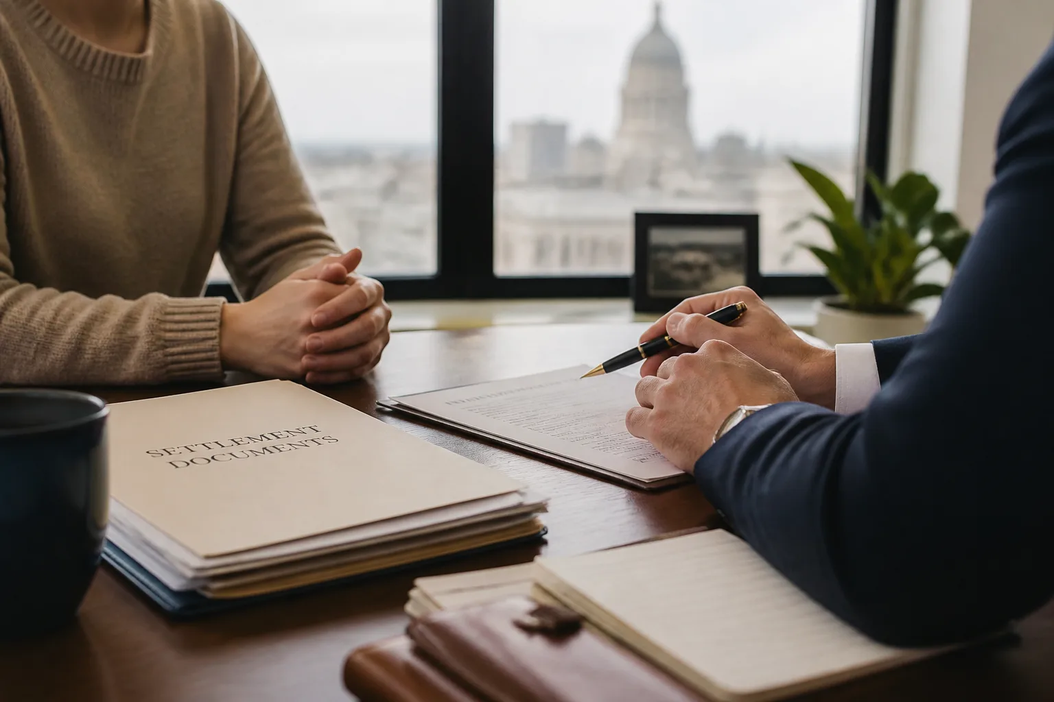 A client organizing health insurance correspondence and medical bills for a consultation