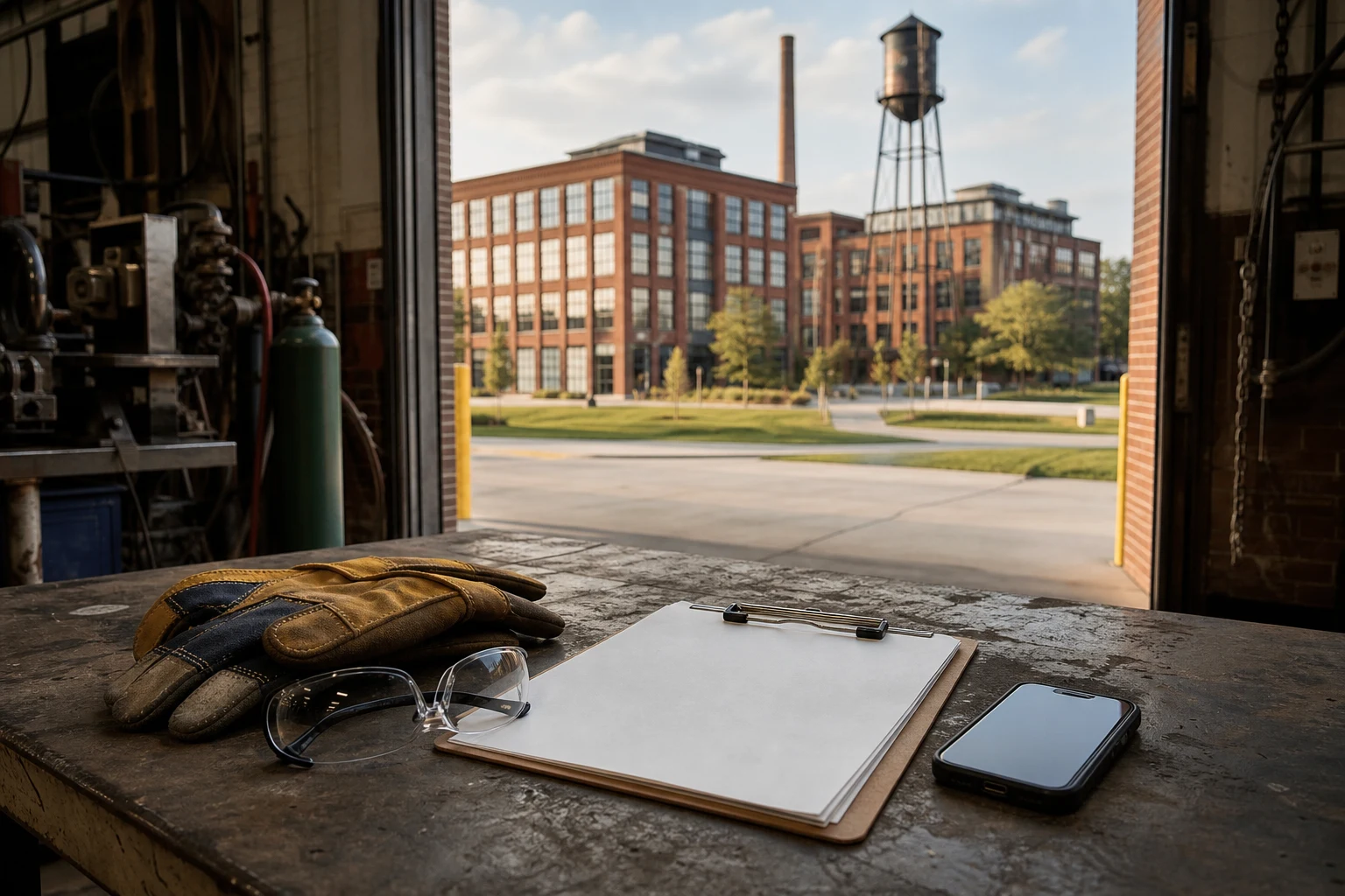 Work gloves, safety glasses, and an incident-report clipboard at Fort Wayne's Electric Works campus