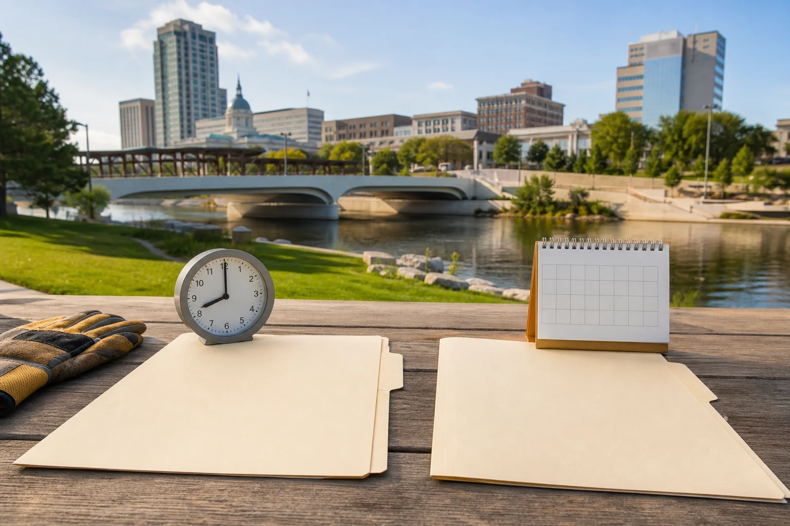 Separate notice and filing folders beside a clock and calendar at Fort Wayne's Promenade Park