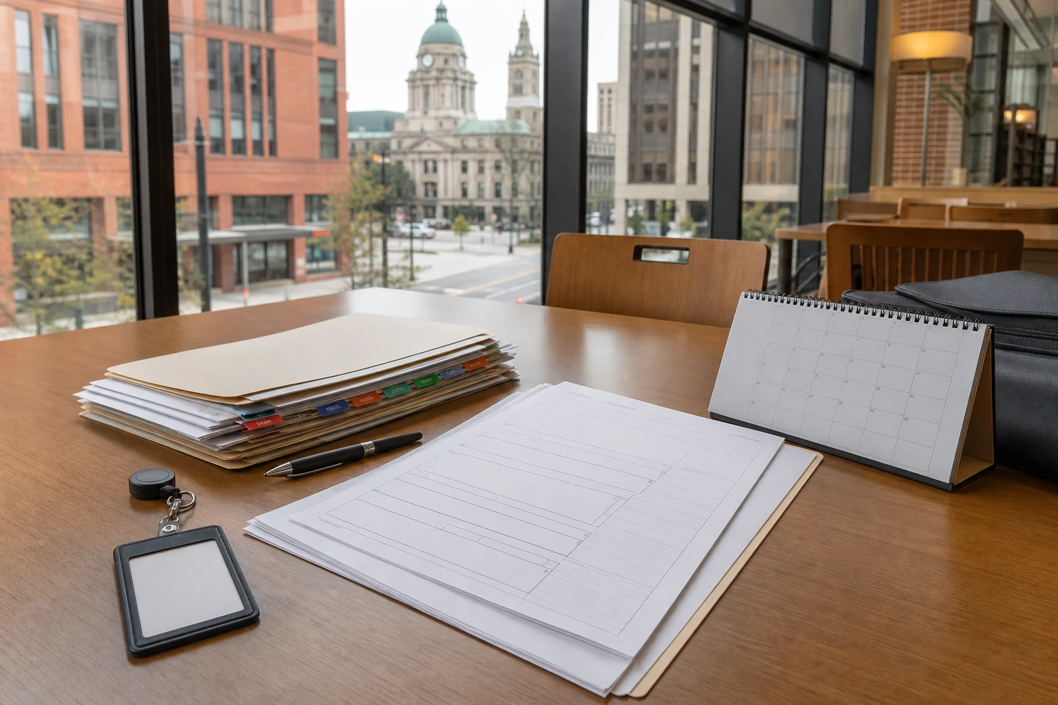 Organized claim forms and medical records inside the Allen County Public Library in downtown Fort Wayne