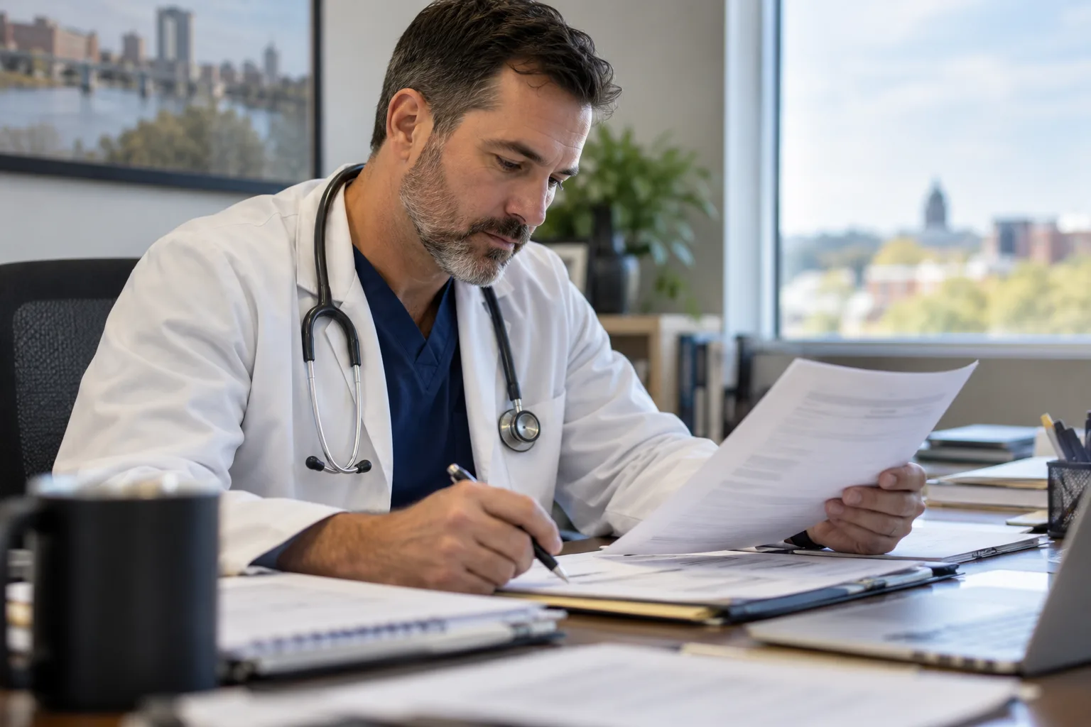 Medical provider reviewing treatment records and a care request