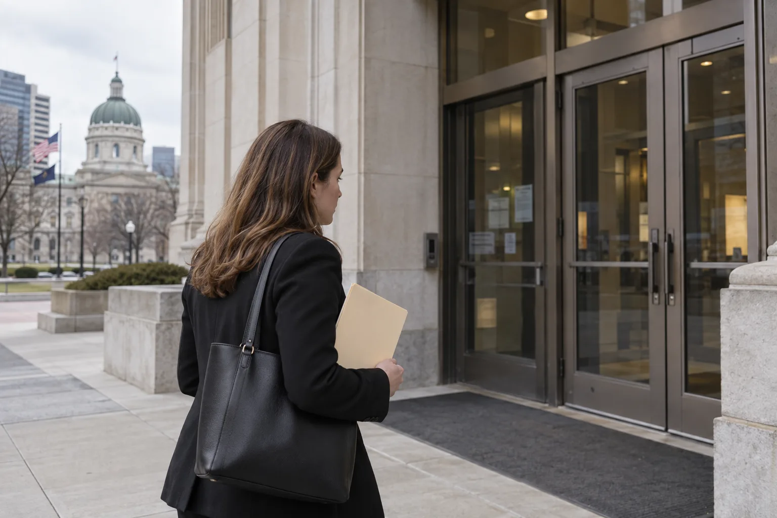 Person carrying claim documents outside an Indiana government office