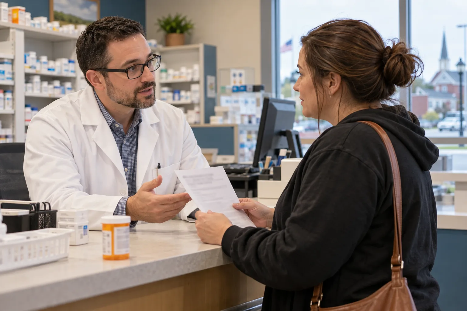 Indiana worker discussing prescription paperwork with a pharmacist