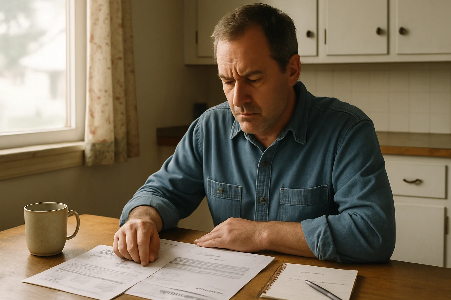 Fort Wayne crash victim sitting at a kitchen table sorting medical bills and an insurance letter after a car accident