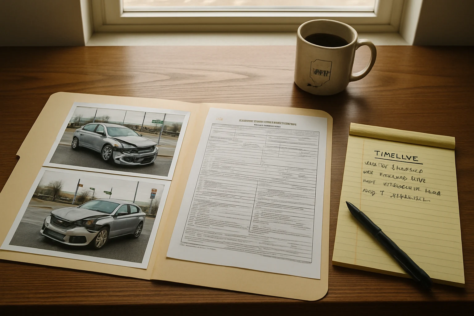 Fort Wayne attorney's desk with a manila evidence folder, police report, and crash scene photographs from an Indiana auto accident case