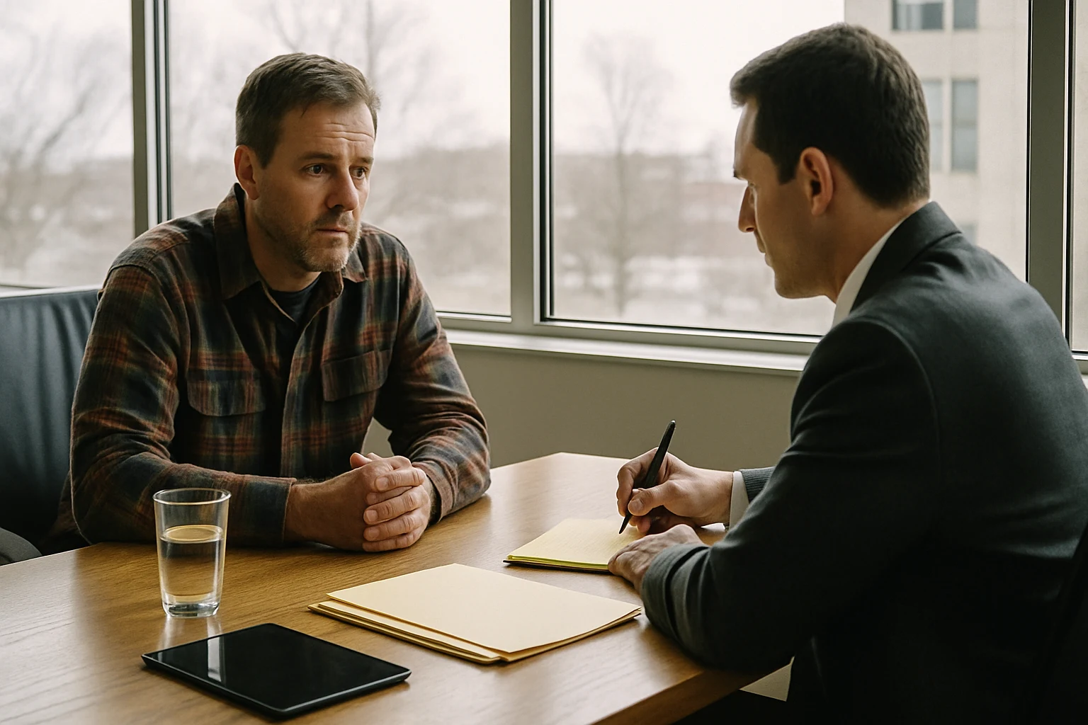 Fort Wayne personal injury attorney meeting with an injured client in a bright consultation room reviewing case strategy
