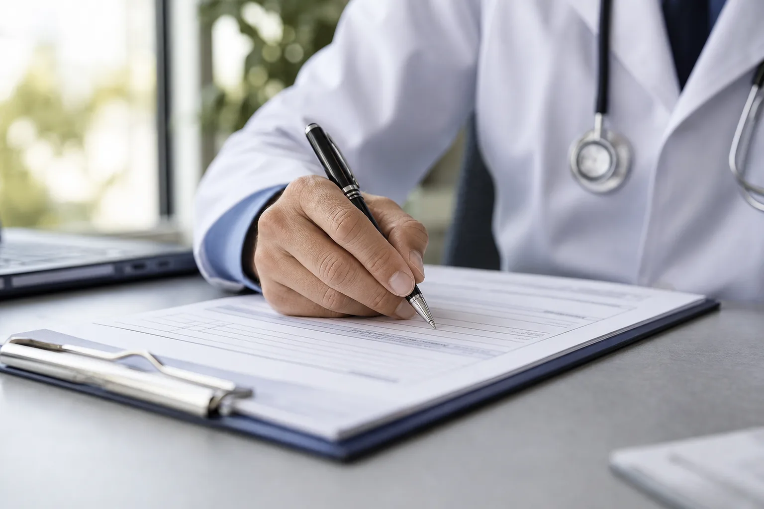 Doctor writing notes in a medical chart during a workers' compensation exam