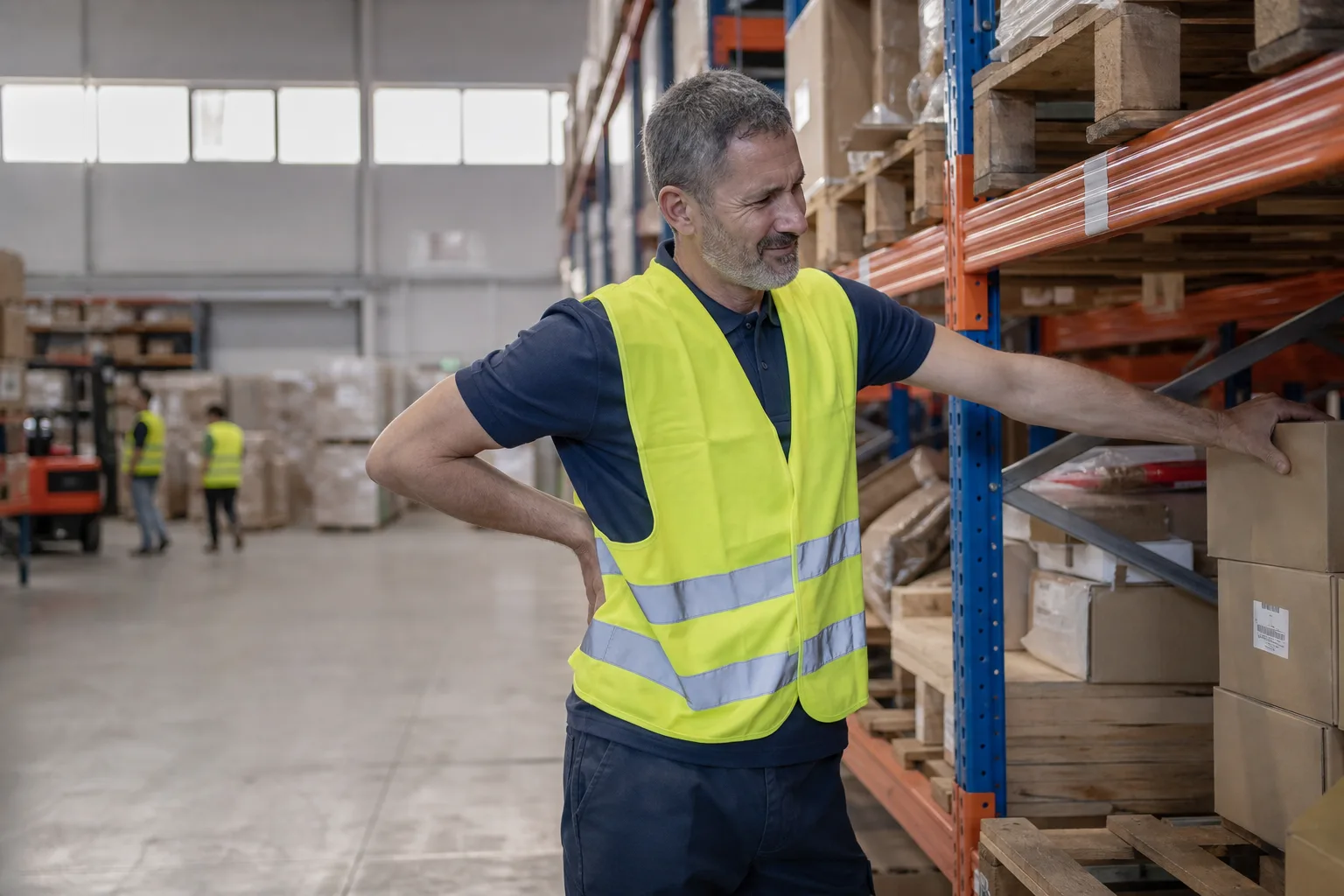 Warehouse worker holding his lower back after a work injury