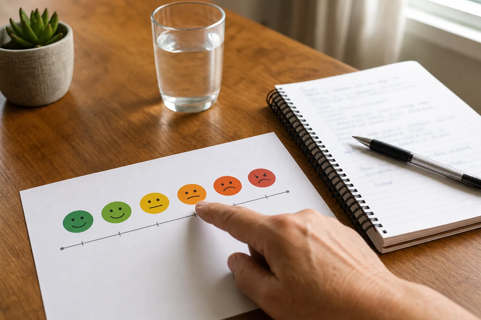 Notebook and pain scale used to describe symptoms accurately to a doctor