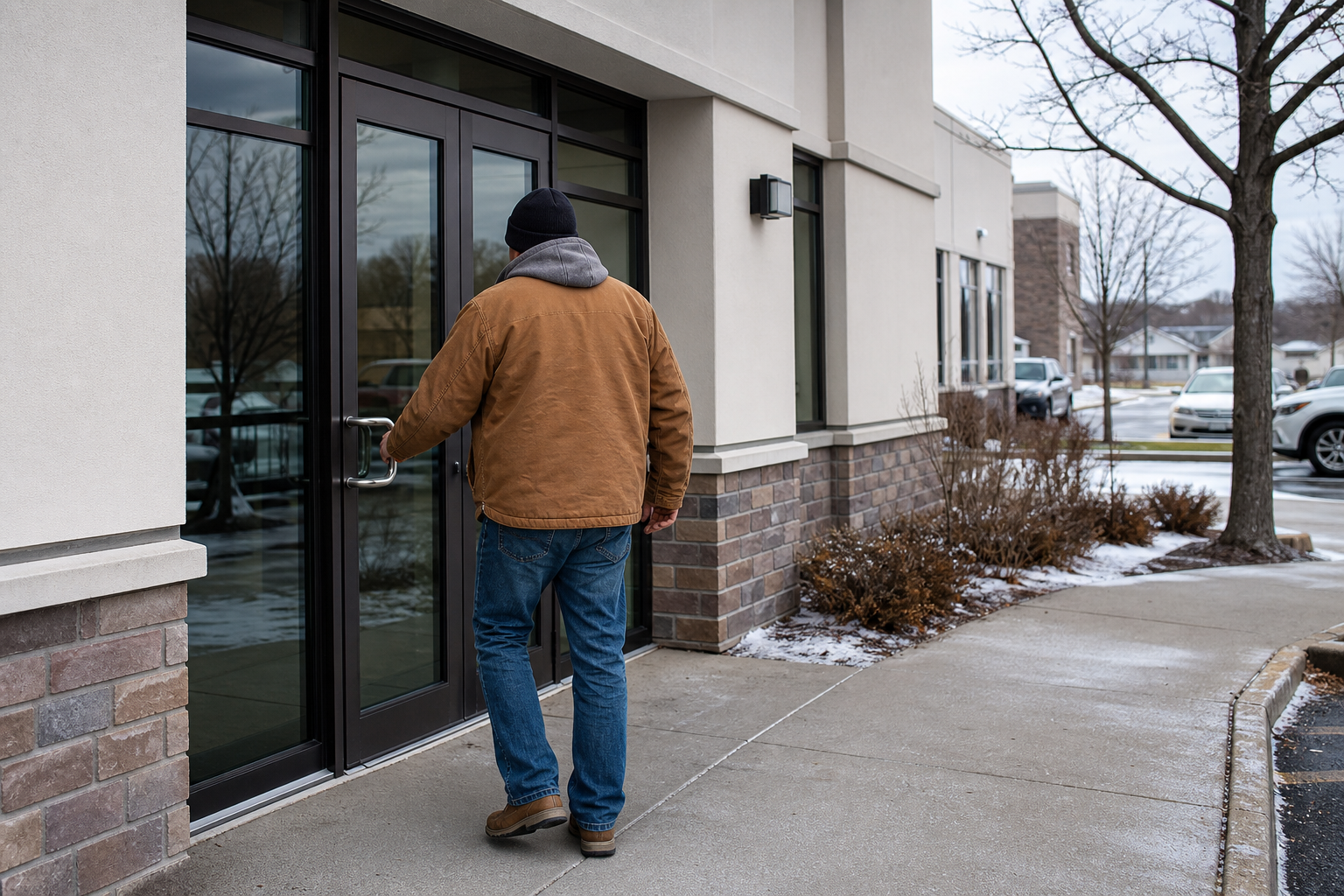 Injured Fort Wayne worker entering a medical office for an independent medical examination