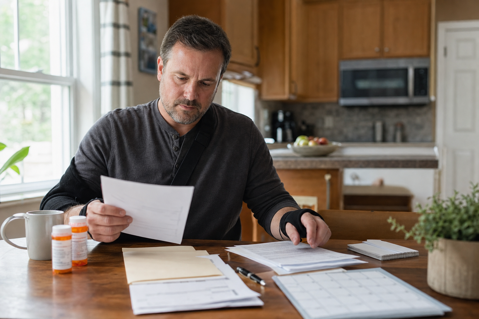 Worker organizing medical records and restrictions before an Indiana workers compensation IME
