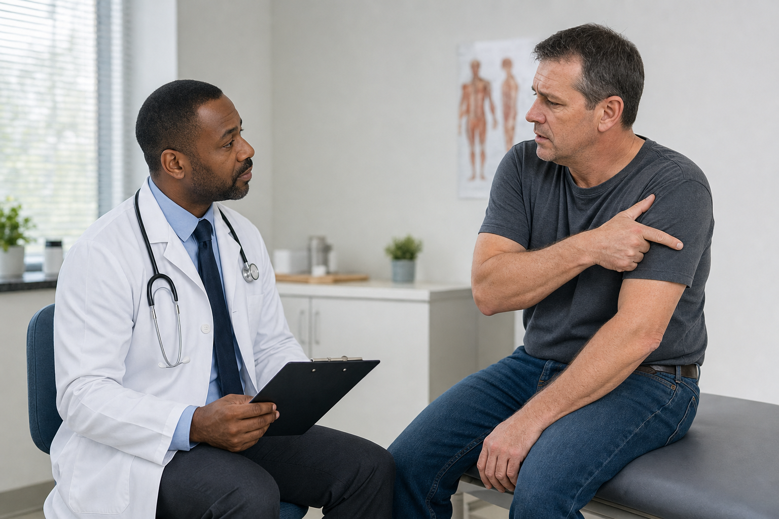Doctor and injured worker having a respectful independent medical examination conversation