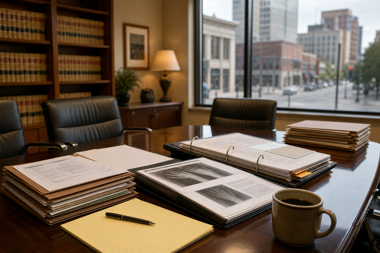 Fort Wayne law office conference table with workers compensation medical records and claim file