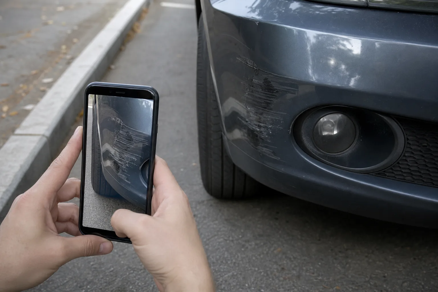 A person photographing bumper damage on a car at the roadside to document a crash
